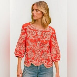 Solitaire embroidered white orange floral Blouse Top scalloped large